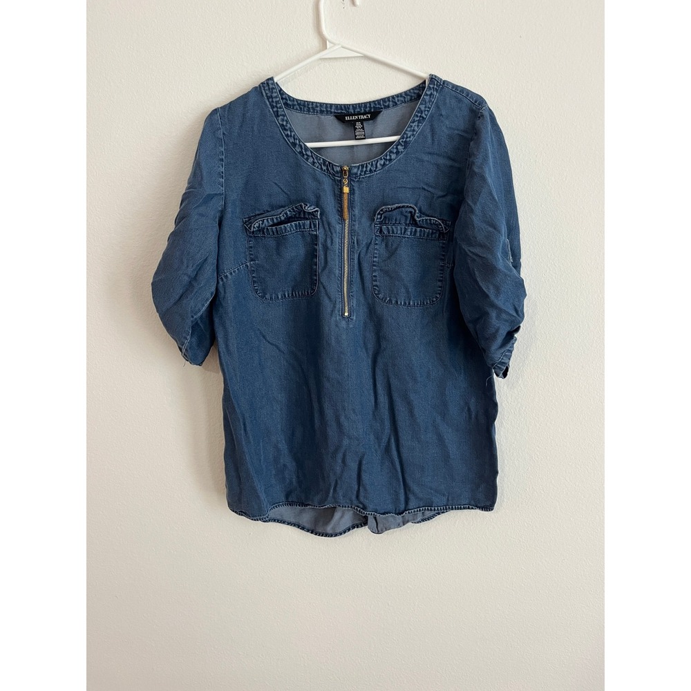 Ellen Tracy Womens Medium Blue Chambray Quarter Zip Short Sleeve Blouse Top